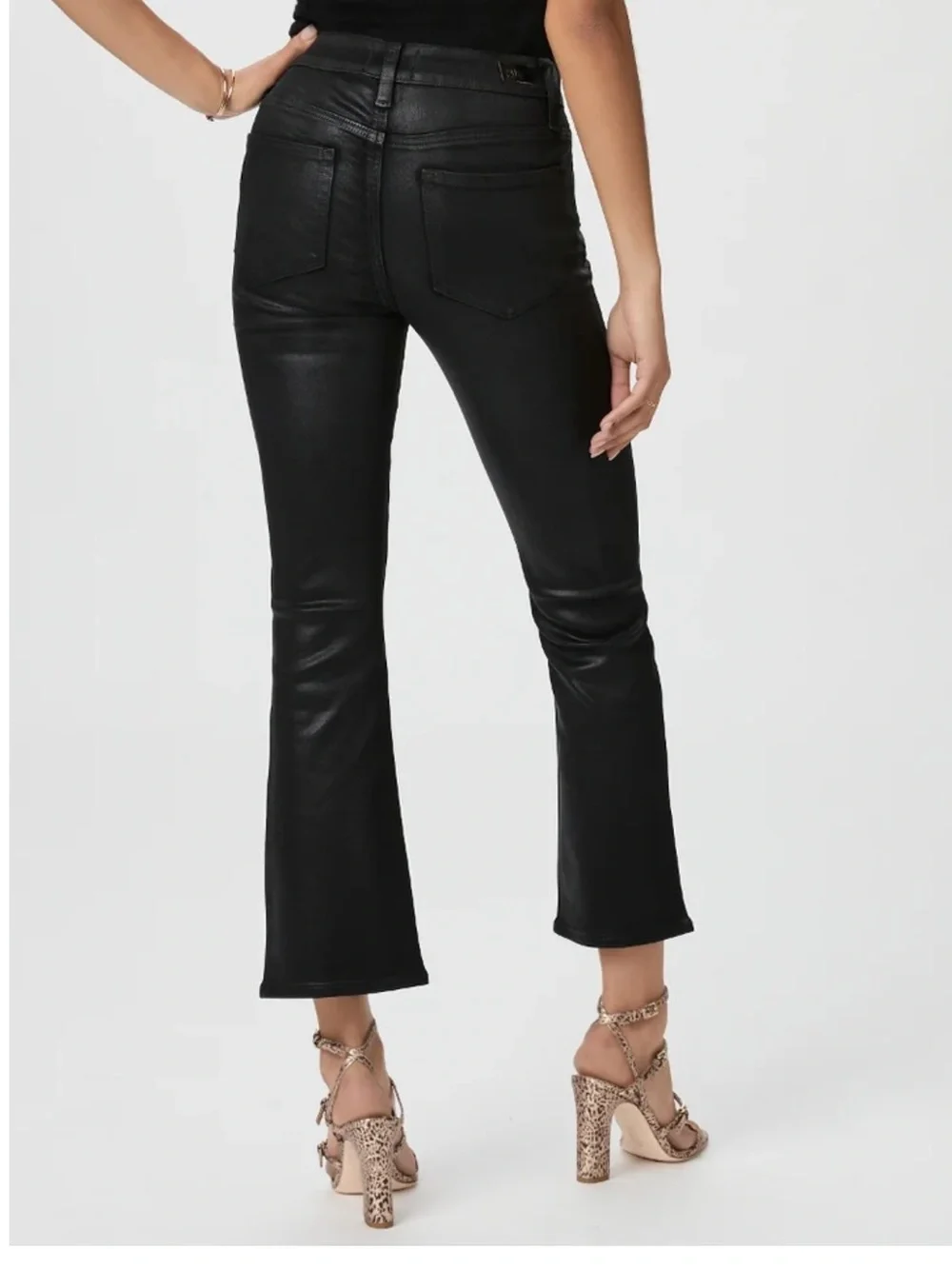 PAIGE Claudine High-Rise Ankle Flare Pants Black Fog Luxe Coated Size 26